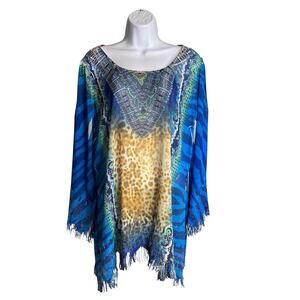 Mushka by Sienna Rose Women's Blue Boho Tribal Lydia Fringe Top Size XL Artsy